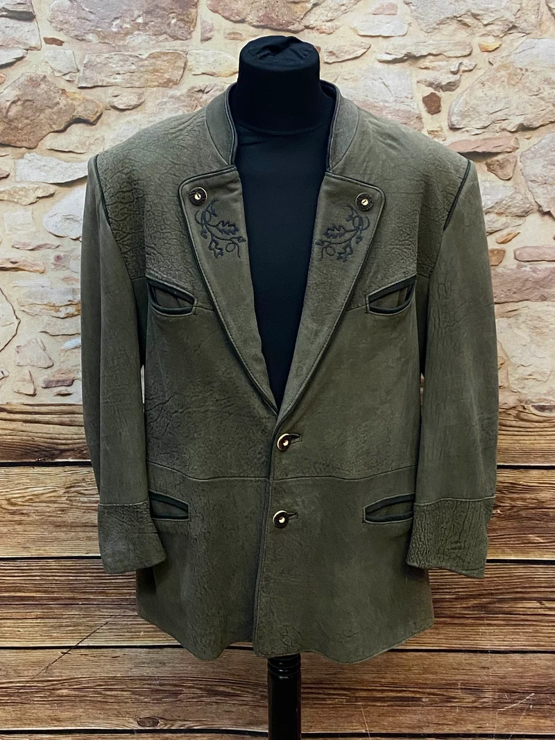 Vintage Trachten Lederjacke Herren Oliv Klassisch mit Stickerei – Größe 26