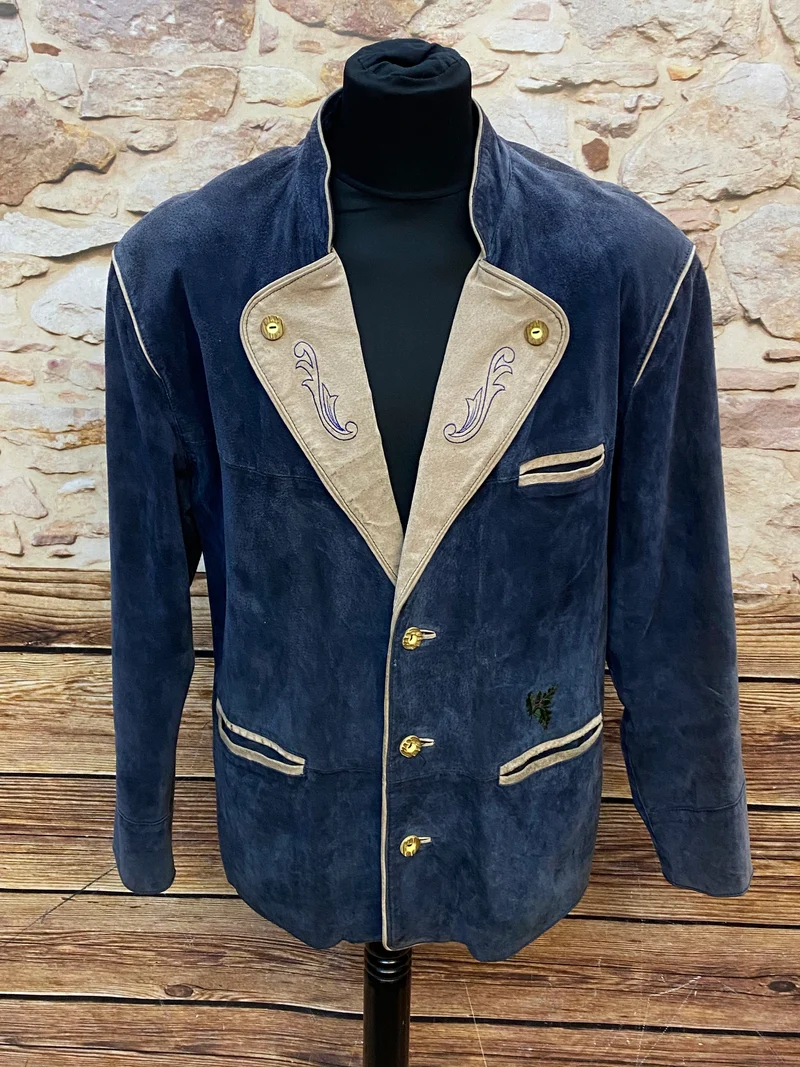 Vintage Trachten Lederjacke Herren Blau Beige mit Stickerei – Größe 25