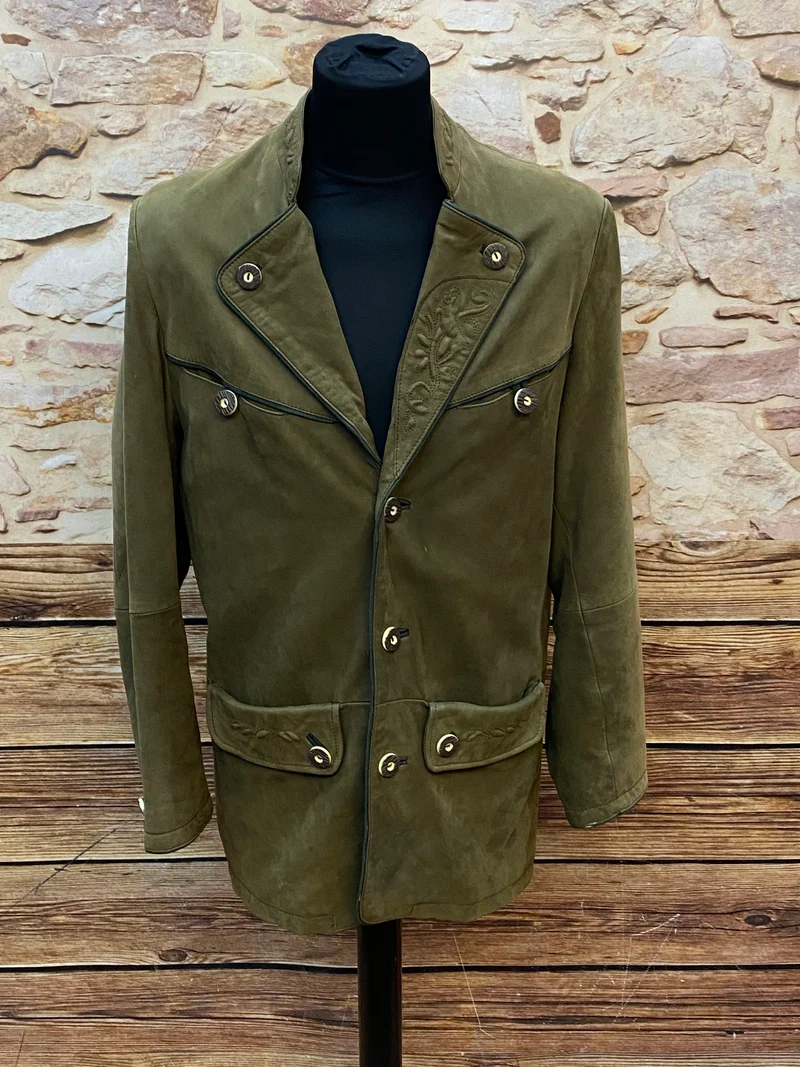 Vintage Trachten Lederjacke Herren Oliv Klassisch mit Stickerei – Größe 25