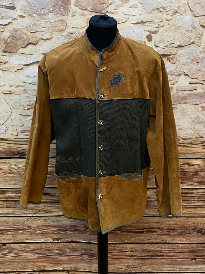 Vintage Trachten Lederjacke Herren Braun Grün Zweifarbig – Größe 52