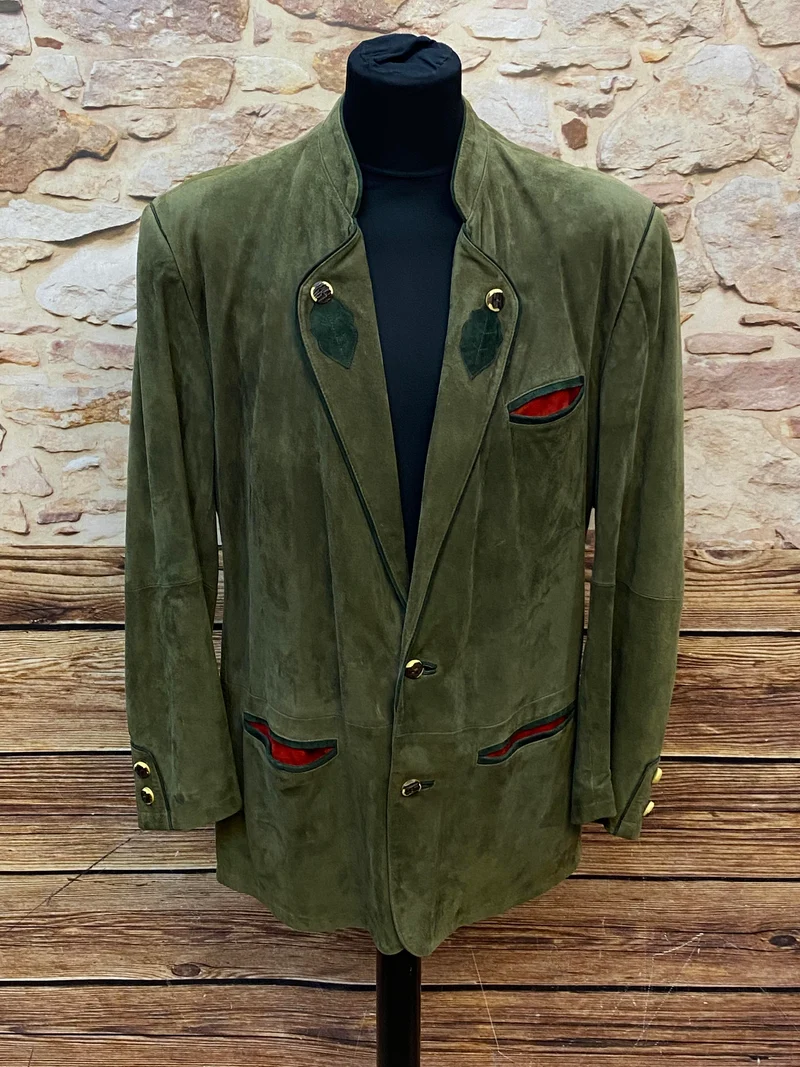 Vintage Trachten Lederjacke Herren Oliv – Größe 52