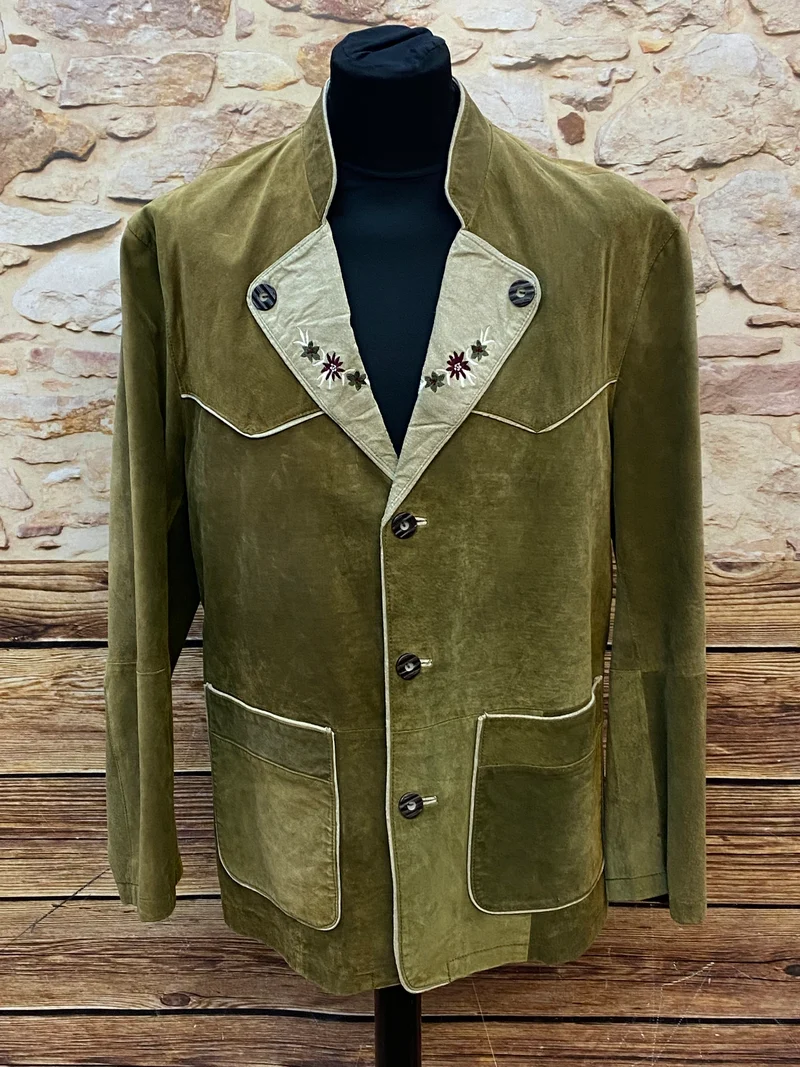 Vintage Trachten Lederjacke Herren Oliv mit Stickerei – Größe 54