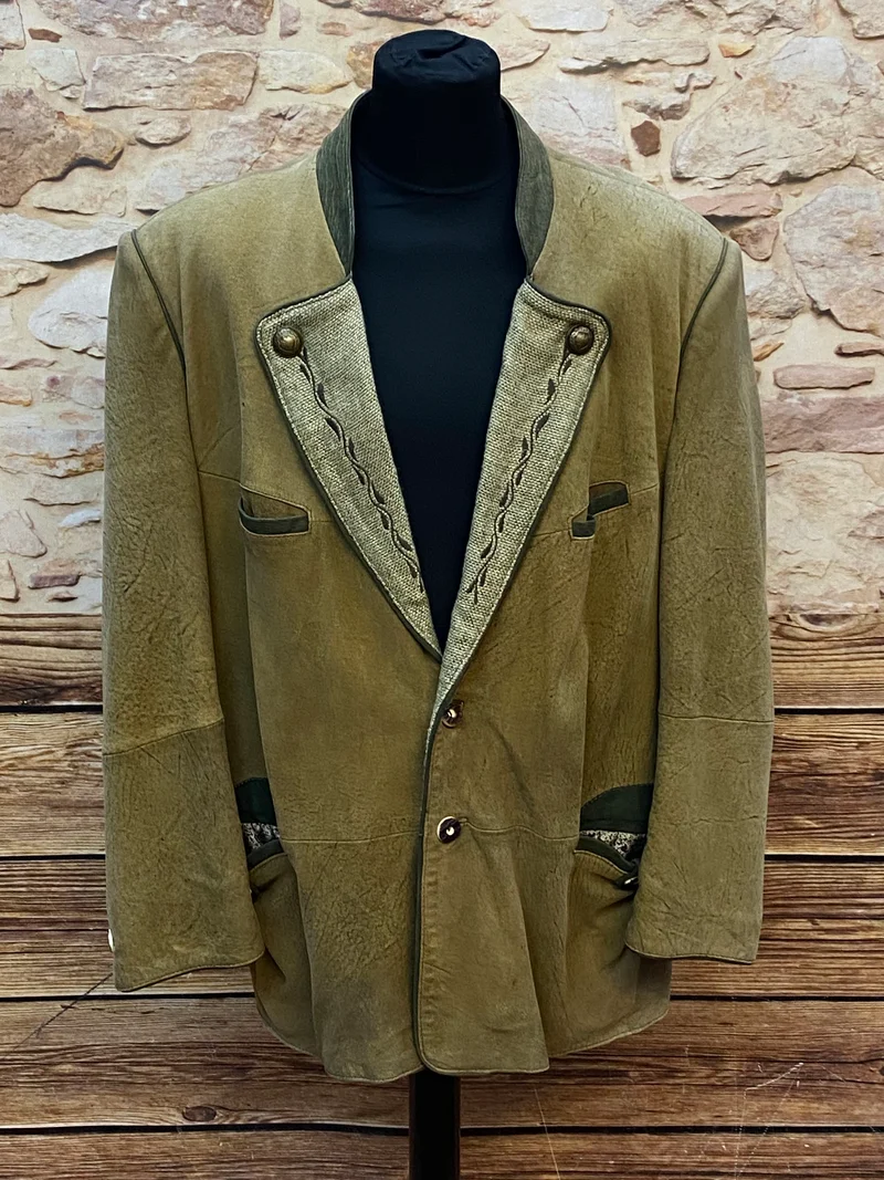 Vintage Trachten Lederjacke Herren Olivgrün mit Stickerei – Größe 58