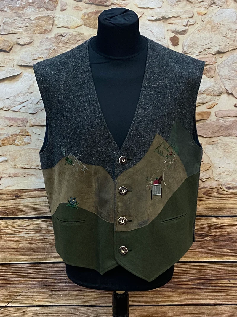 Vintage Trachtenweste Loden mit Alpen Stickerei – Gr. 52