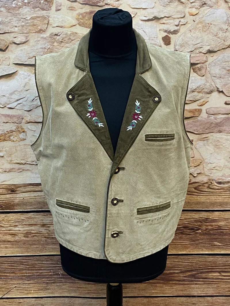 Vintage Trachtenweste Leder Beige mit Stickerei – Gr. 52