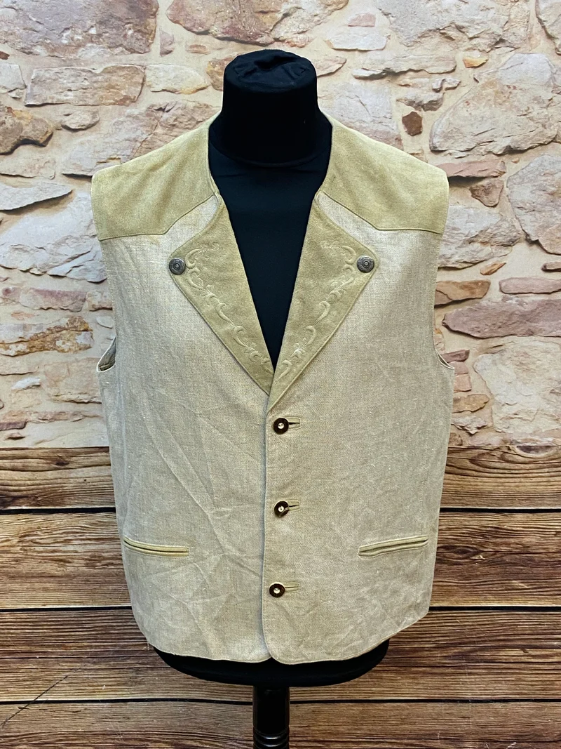 Vintage Trachtenweste Leinen/Leder Beige Distler – Gr. 50