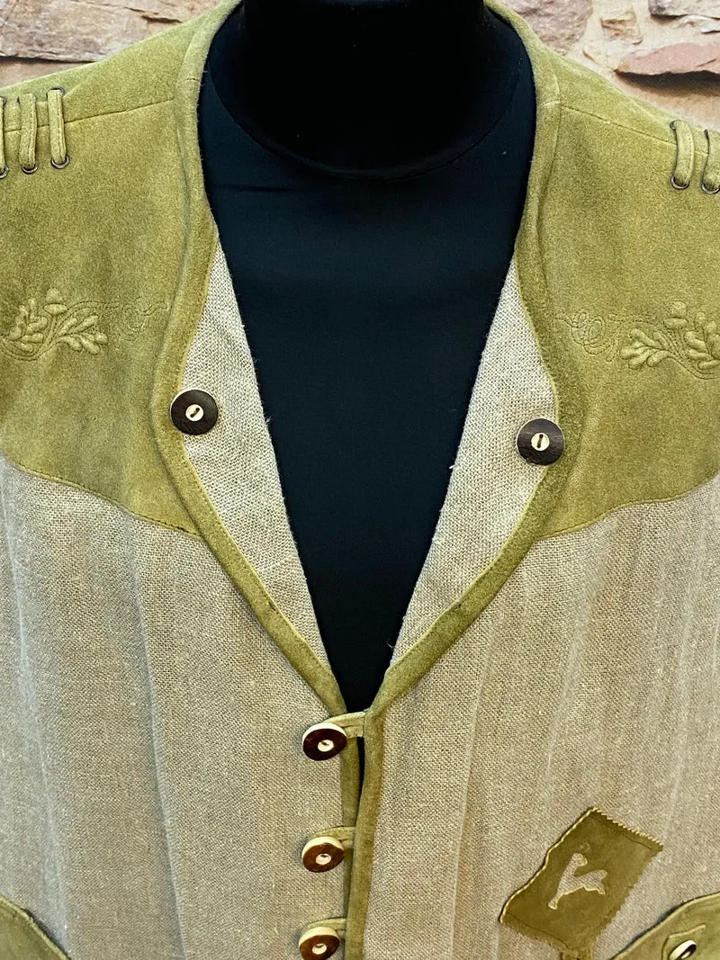 Trachtenweste Leinen Leder grün beige Vintage mit Stickerei