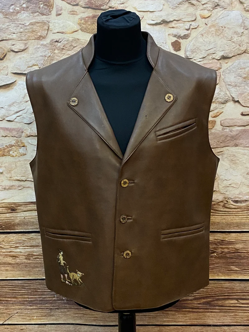 Trachtenweste braun Kunstleder Vintage mit Stickerei Motiv