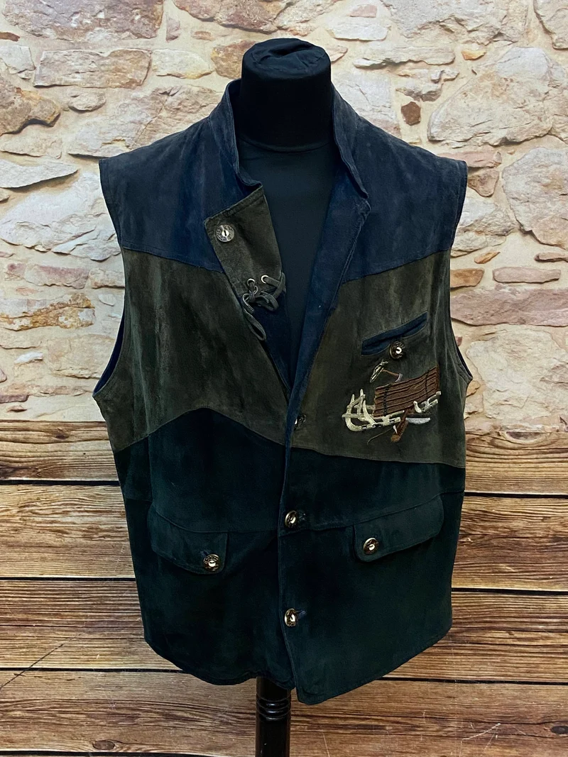 Trachtenweste Leder grün dunkelblau Vintage mit Stickerei Motiv