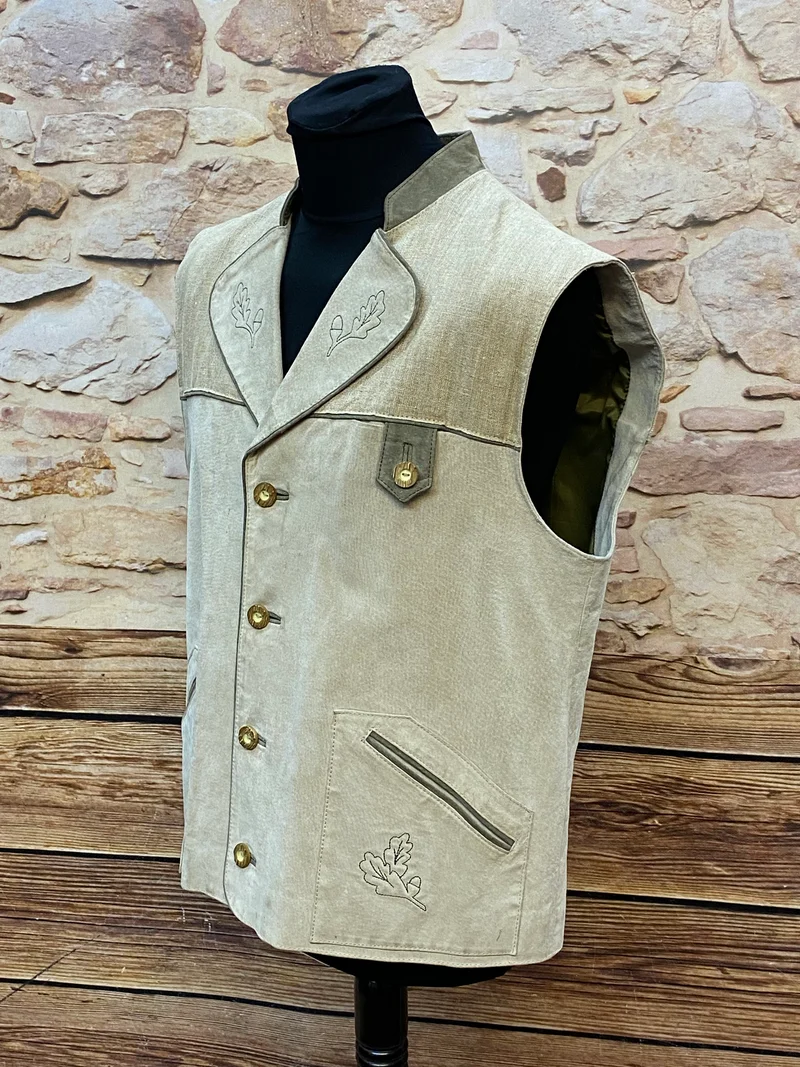 Trachtenweste Leinen Leder beige Vintage mit Stickerei