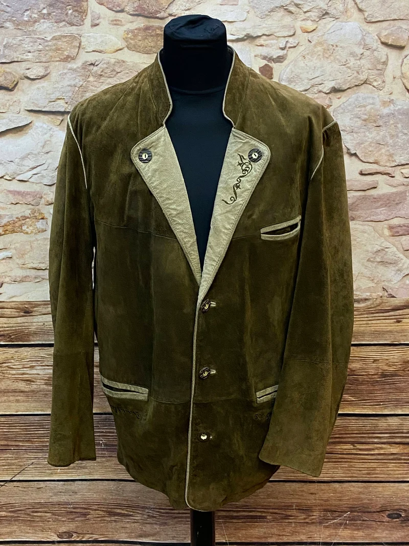 Trachtenjacke Herren Leder oliv-braun Vintage mit Stickerei