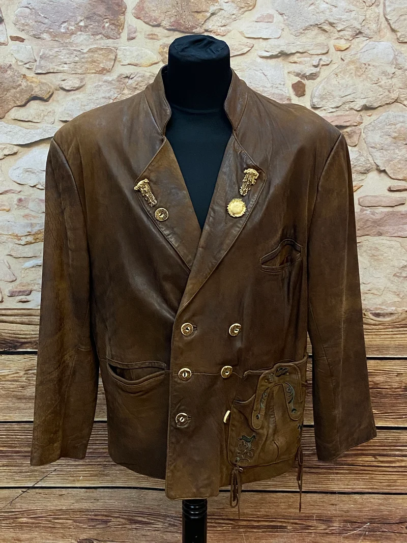 Trachtenjacke Herren Leder braun Vintage mit Stickerei & Hirschhornknöpfen Gr. 50