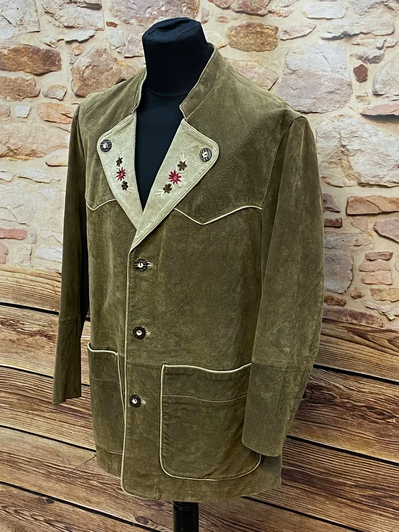 Trachtenjacke Herren Leder grün Stickerei Vintage Landhaus Gr. 50