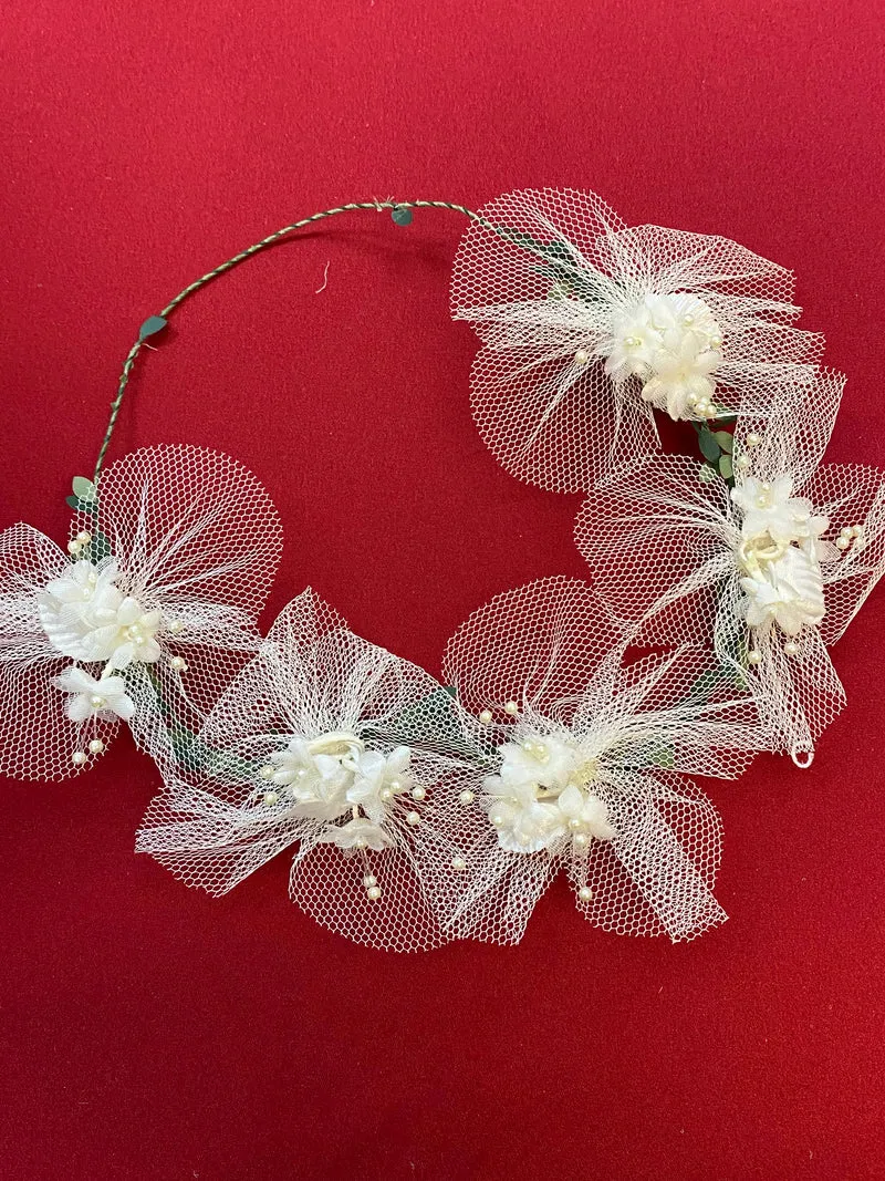 Kommunion Haarschmuck mit Tüll & Blüten – Haarreif weiß grün Mädchen