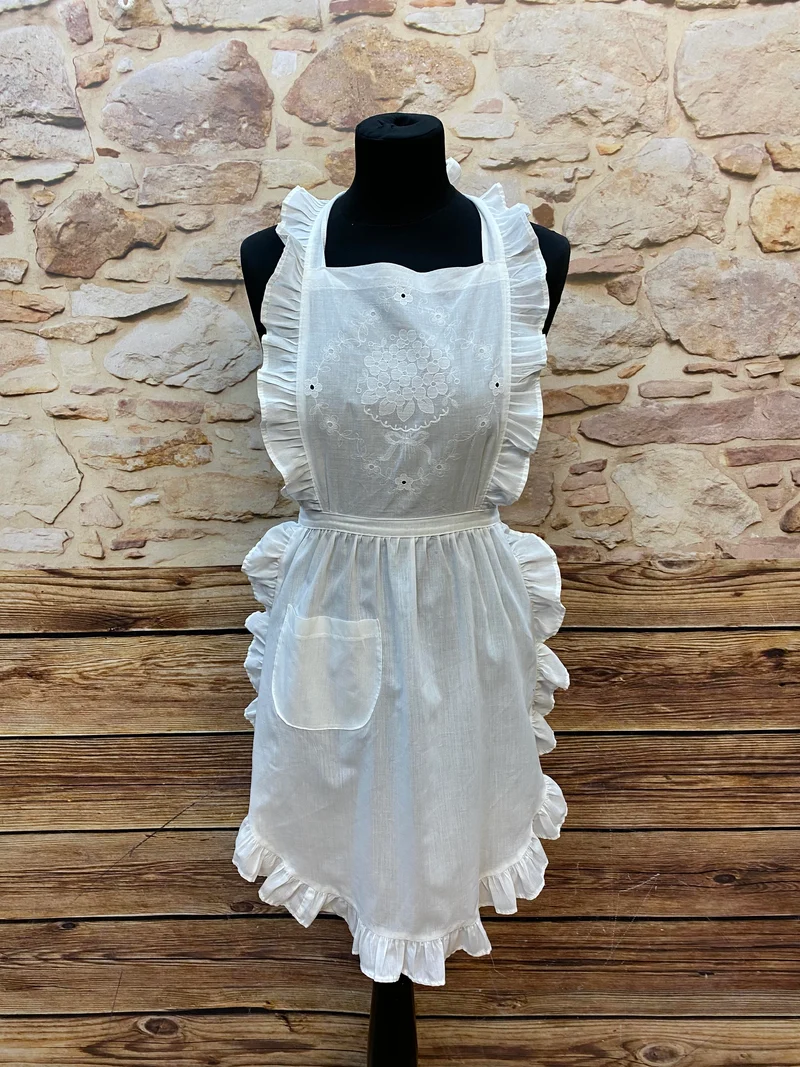 Vintage Baumwoll-Schürze Weiß mit Rüschen, 1970er/80er