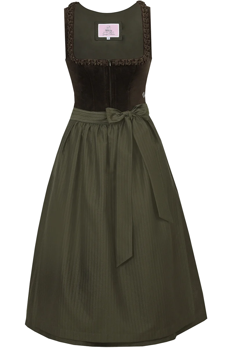 Midi-Samtdirndl mit eckigem Ausschnitt und Froschgoscherln - oliv