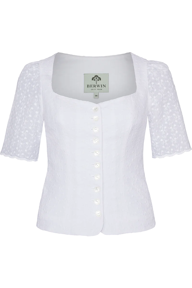 Damen Trachtenmiederbluse mit Arm und Blütenstickerei - weiß