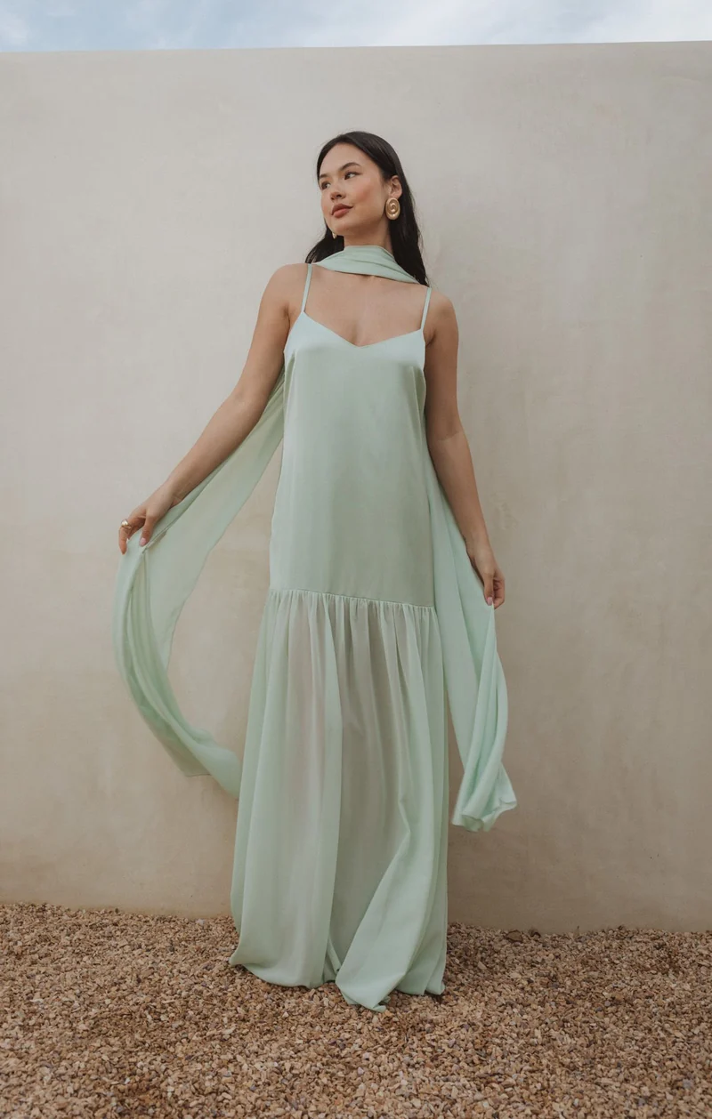 Dalia Maxi Dress ~ Pistachio Luxe Satin