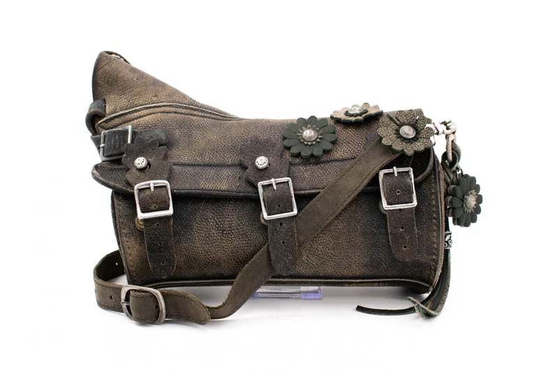 Swiss Army Combat Leather Gaiter Bag with Triple-Buckle Closure & Dimensional Floral Studs