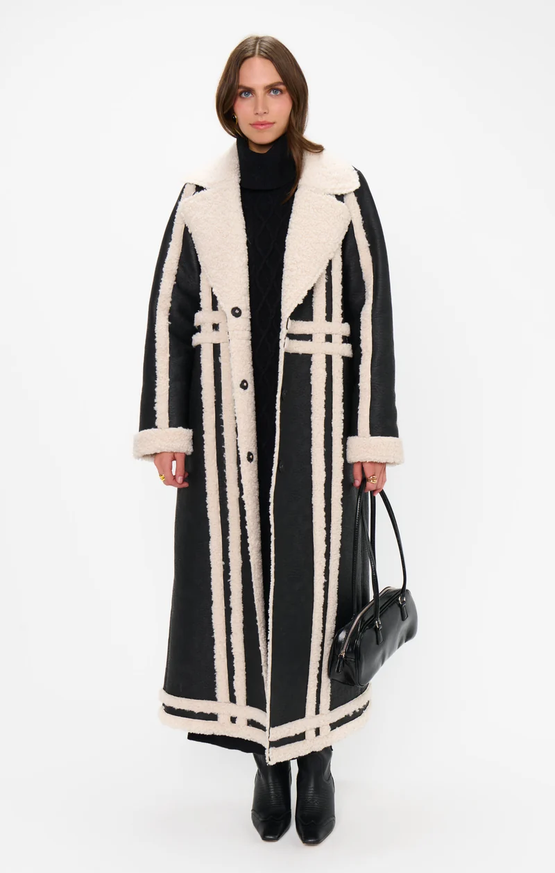 Swiss Alps Coat ~ Black Faux Leather with Sherpa