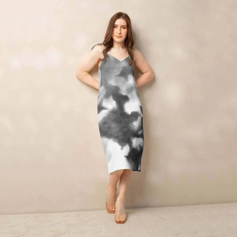 Trendy and Relaxed Black and White Tie-Dye Slip Dress