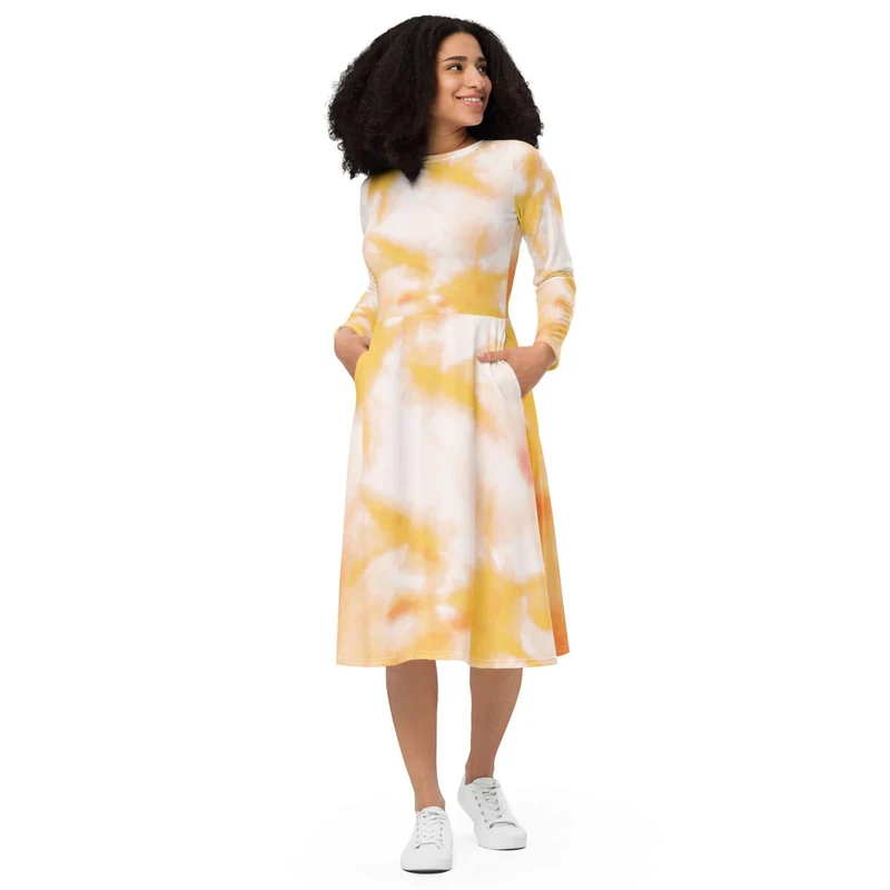 Charming Tie-Dye Midi Dress with Long Sleeves – A Splash of Color for Your Wardrobe!