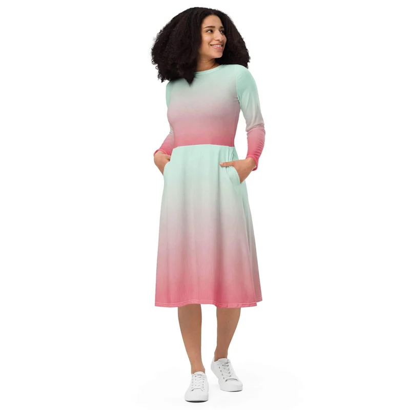 Charming Ombre Long-Sleeve Midi Dress