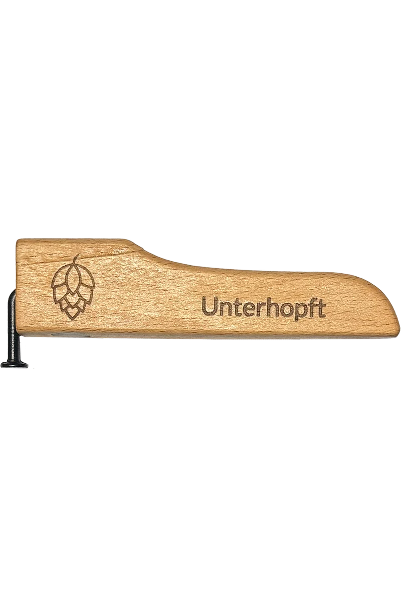 Flaschenöffner Holz mit Spruch und Nagel - unterhopft