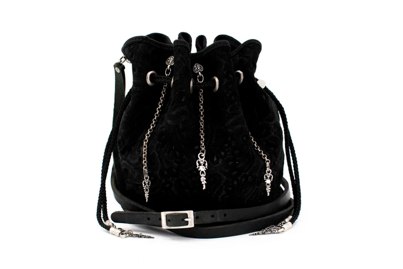 Black Patterned Velvet Pompadour Drawstring Pouch with Antique Silver Hanging Chain Accents & Leather Strap