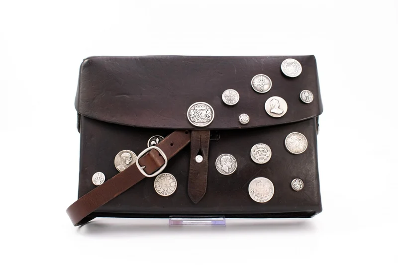 Swiss Army Leather Map Case Document Bag with Crossbody Strap & Antique Silver Coin Appliqués