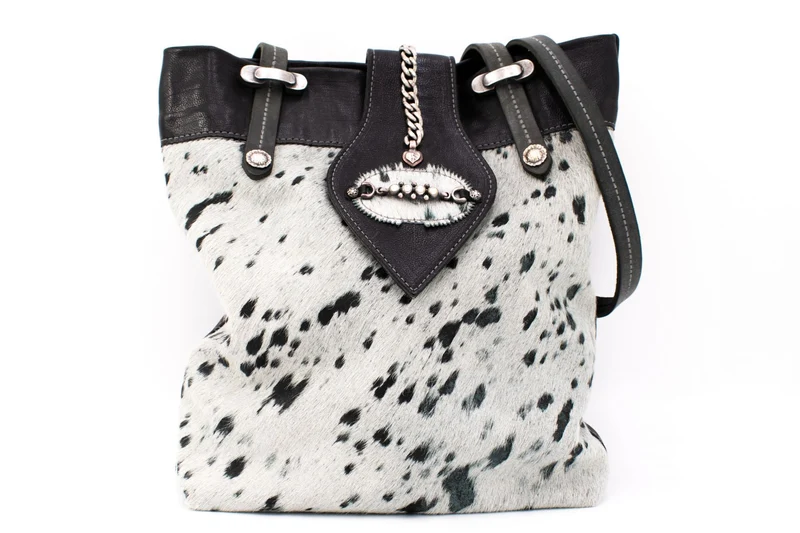 Sima Black & White Genuine Cowhide Shopper Tote Bag with Ornate Rhinestone Leather Pendant