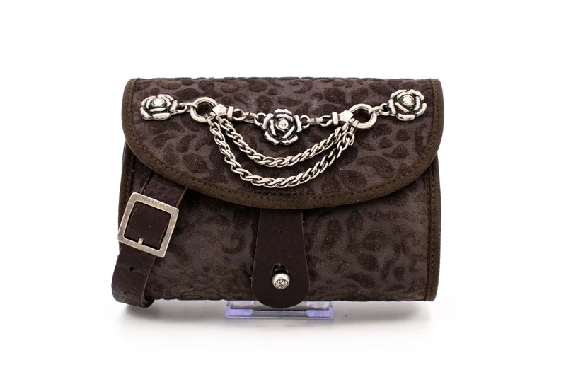 Sima Velvet-Embossed Leather Evening Clutch Bag with Ornate Silver Rose Chain Elements