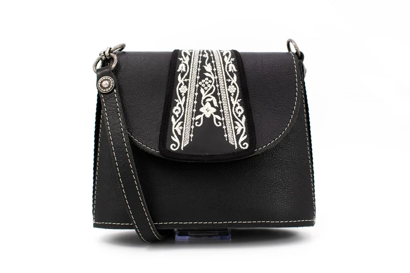 "Opera Binoculars" Black Leather Shoulder Bag with Traditional White Folk Embroidery