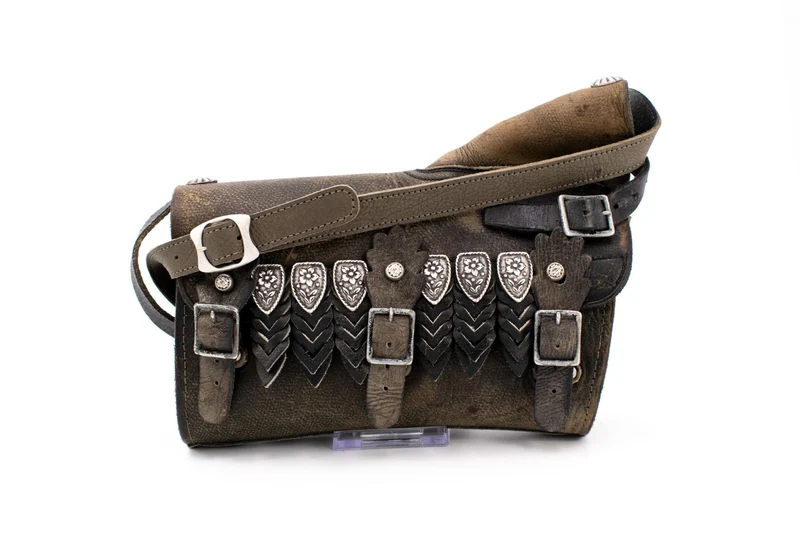 Swiss Army Gaiter Bag in Distressed Brown & Black Leather with Antique Ornate Metal Plates
