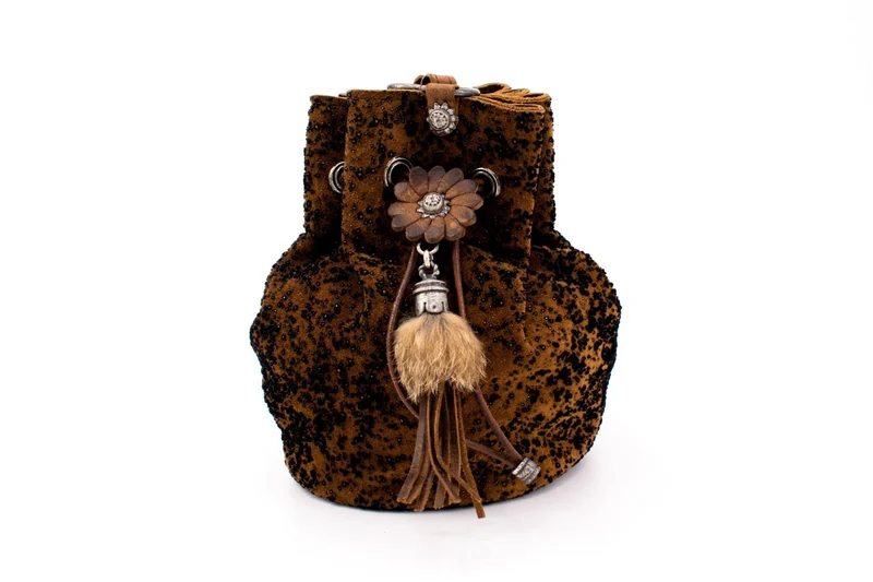 Austrian Suede Pompadour Drawstring Pouch with Floral Element & Fur Tassels