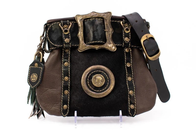 Austrian Leather Kilt Waist Bag with Fur Trim, Lion Appliqué & Coin Element