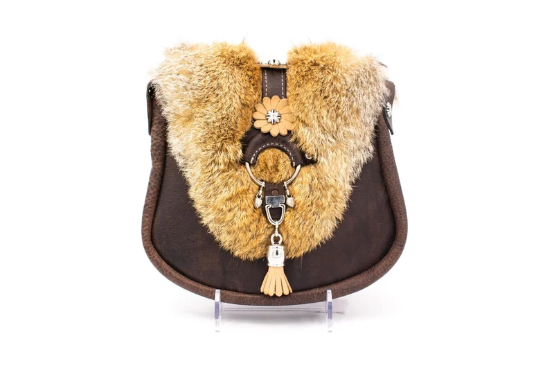 Austrian Structured Leather Handbag with Genuine Fox Fur Collar & Floral Ring Closure