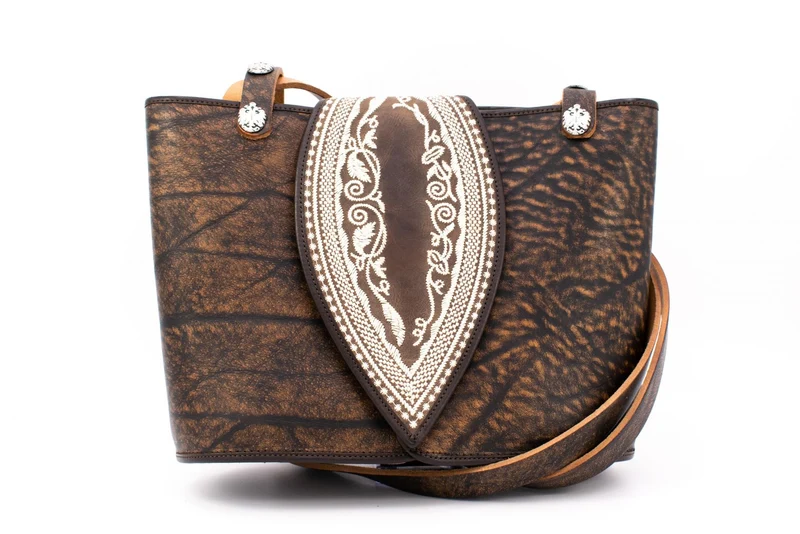 Austrian Structured Leather "Ovoid" Handbag with Classic Traditional Embroidery