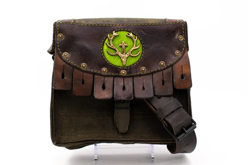 Vintage French Radio Operator Style Shoulder Purse with Golden Stag Appliqué & Rifle Strap