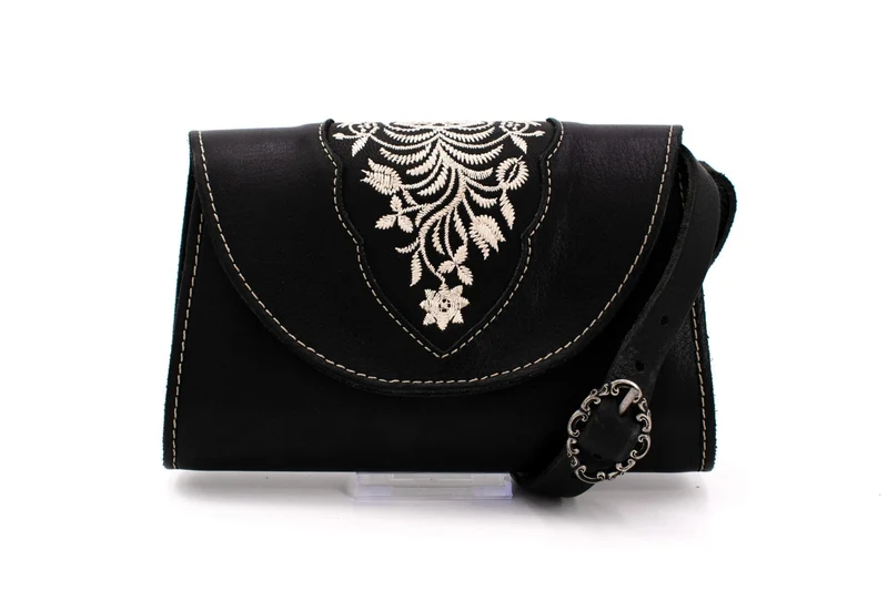 Austrian Structured Black Clutch Purse with Silver Floral Embroidery & Ornate Strap