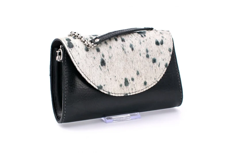 Austrian Petrol Blue Leather Handheld Evening Clutch with Speckled Cowhide Fur