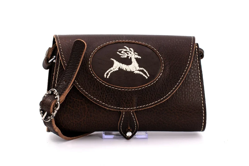 Austrian Structured Brown Leather Clutch Purse with Traditional "Deer" Embroidery