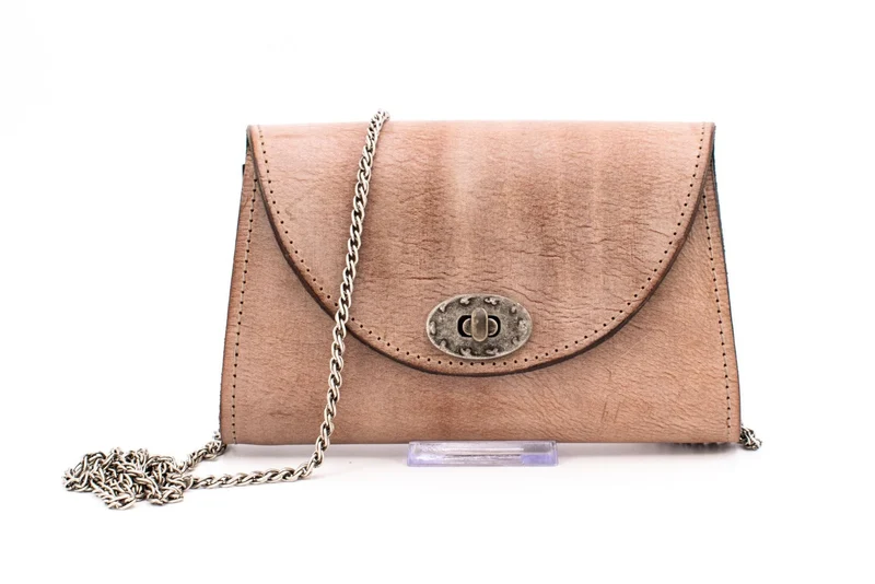 Austrian Beige Waxed Leather Envelope Clutch Purse with Silver Chain Strap