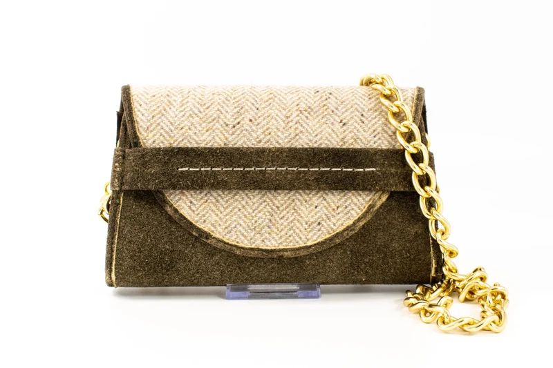 Austrian Olive Deerskin Leather & Woven Tweed Clutch Purse with Gold Chain Strap