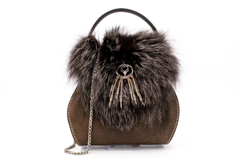 Austrian Brown Heritage Evening Bag with Dark Fur and Ornamental Deer Appliqué