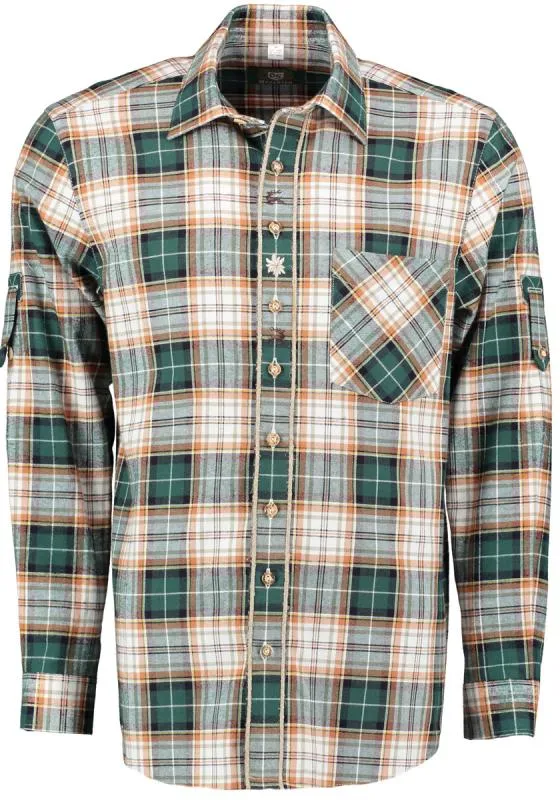 OS Trachten Men's Flannel Shirt "Colt" — Shark Collar, Forest Check
