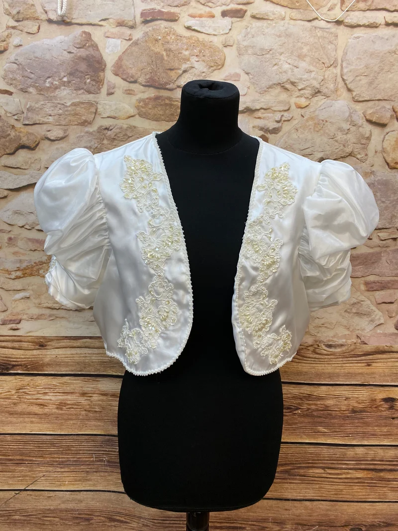 Vintage Braut Bolero Jacke Ivory mit Perlenstickerei – Gr. 42