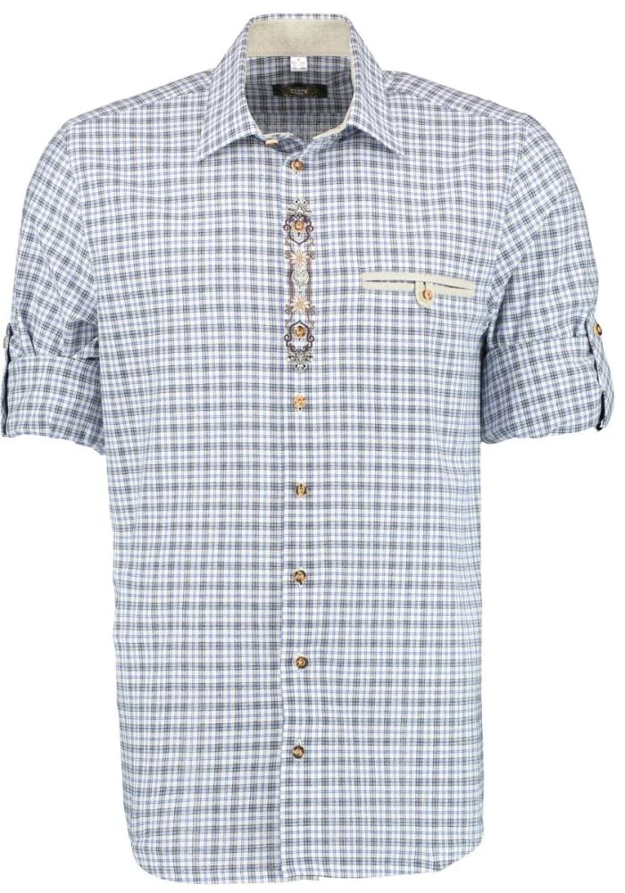 OS Trachten Men's Check Shirt "Jesse" Shark Collar, Blue