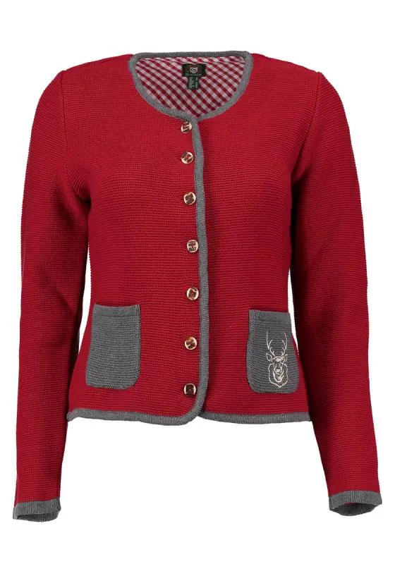 OS Trachten Women's Cardigan — Traditional Deer Embroidery- red