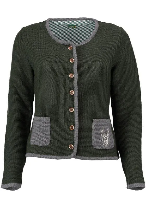 OS Trachten Women's Cardigan — Traditional Deer Embroidery- green
